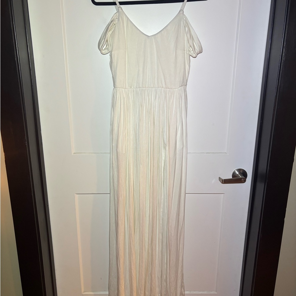 White Flutter Sleeve V-Neck Maxi Dress